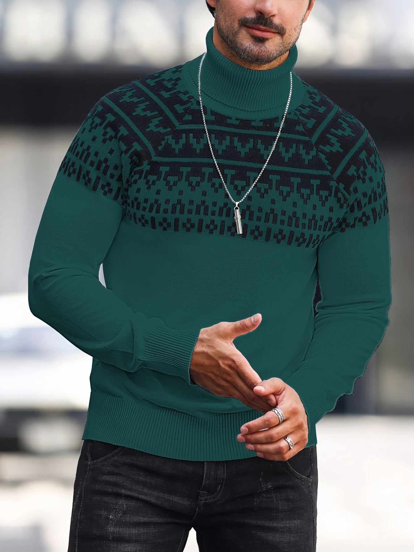 Suéter de cuello alto geométrico para hombre - Suéter informal de punto para otoño e invierno