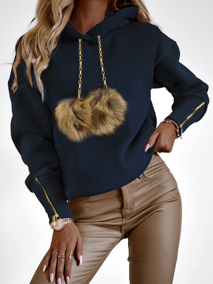 Women’s Fuzzy Pom-Pom Hoodie – Cozy Zip-Up Fall/Winter Pullover