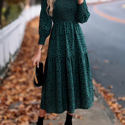Leopard Print Long Sleeve Maxi Dress – Elegant A-Line Flowing Dress
