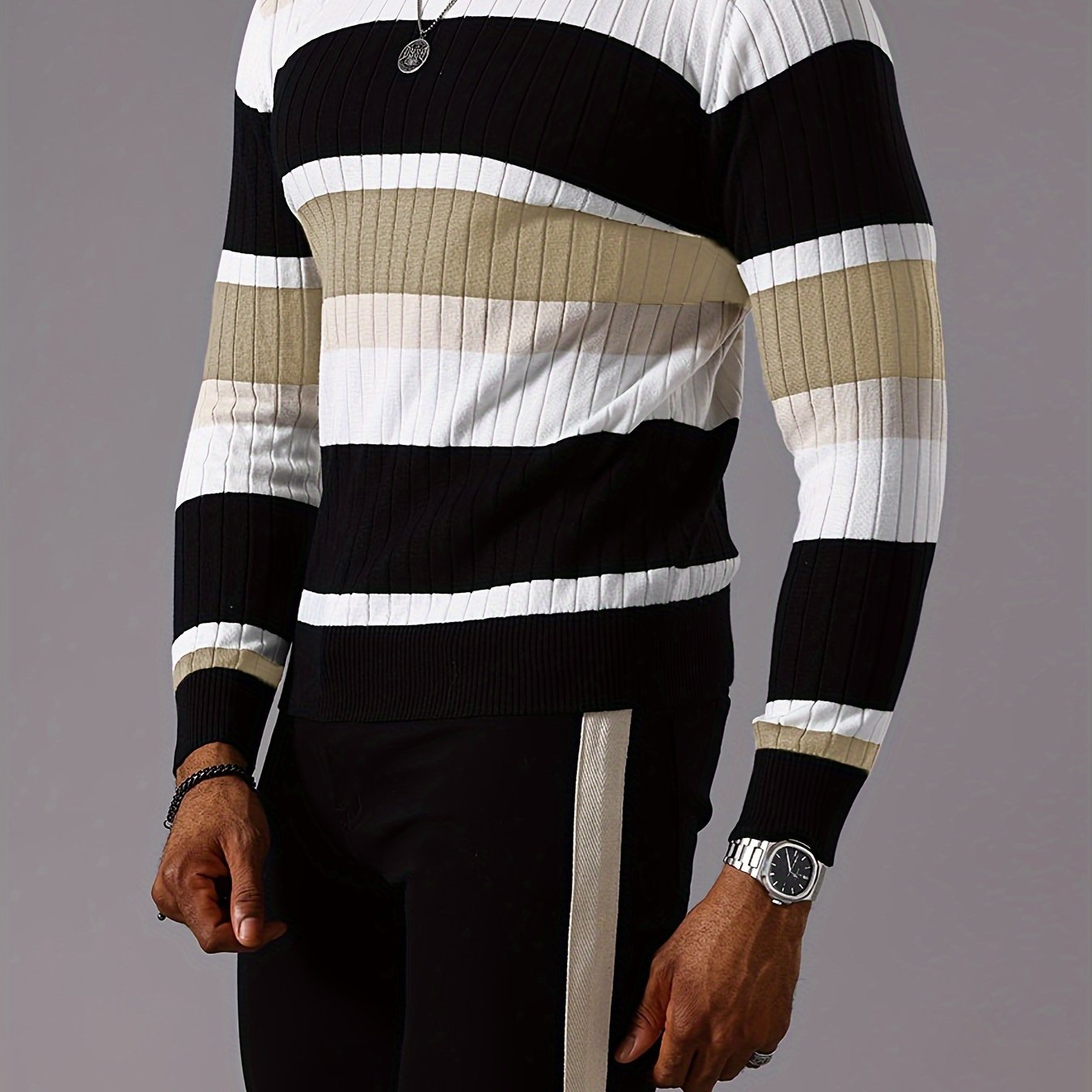Men’s Striped Ribbed Knit Sweater – Color-Block Fall Winter Pullover