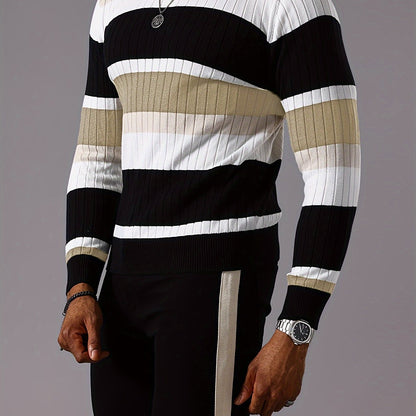Men’s Striped Ribbed Knit Sweater – Color-Block Fall Winter Pullover