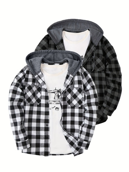 2-Piece Men’s Plaid Hooded Shirts – Button-Up Sweater Jacket Set