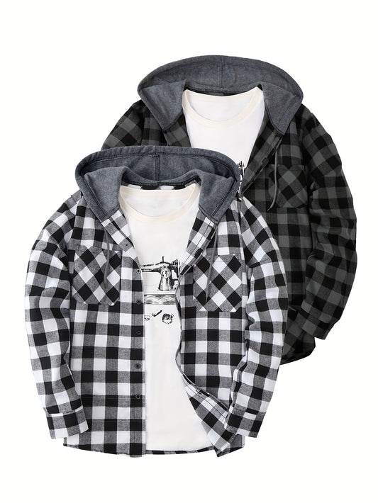 2-Piece Men’s Plaid Hooded Shirts – Button-Up Sweater Jacket Set