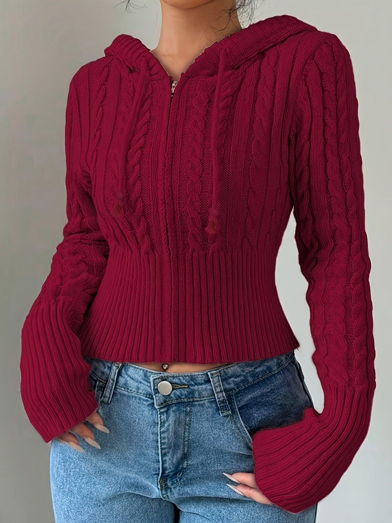 Cárdigan elegante con capucha y cremallera – Capa cálida de punto trenzado