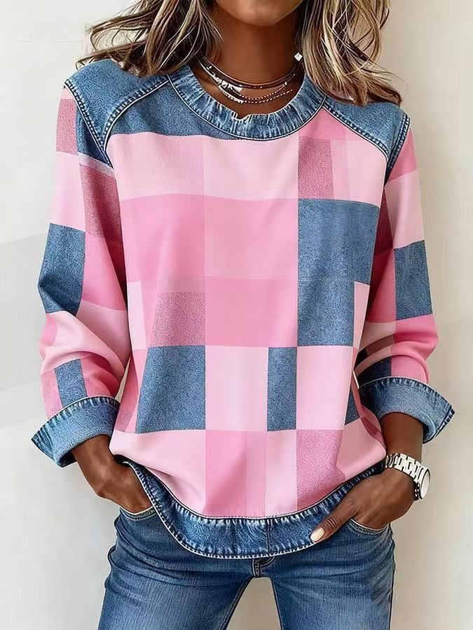 Sudadera de retazos de mezclilla para mujer - Sudadera floral con cuello redondo