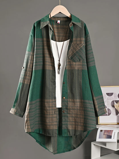 Women’s Vintage Plaid Shirt – Loose Button-Up All-Season Top