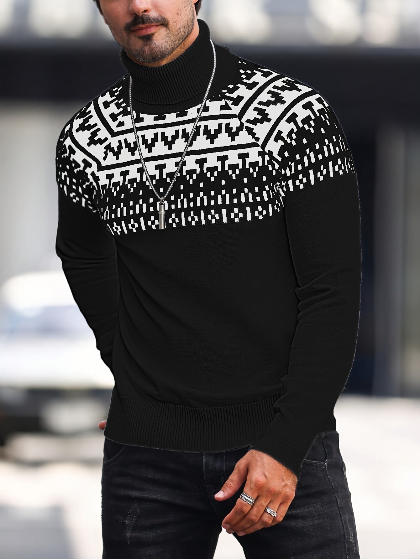 Suéter de cuello alto geométrico para hombre - Suéter informal de punto para otoño e invierno