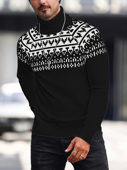 Suéter de cuello alto geométrico para hombre - Suéter informal de punto para otoño e invierno