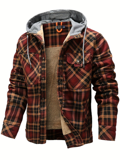 Men’s Plaid Flannel Hooded Jacket – Asymmetrical Button Tartan Coat