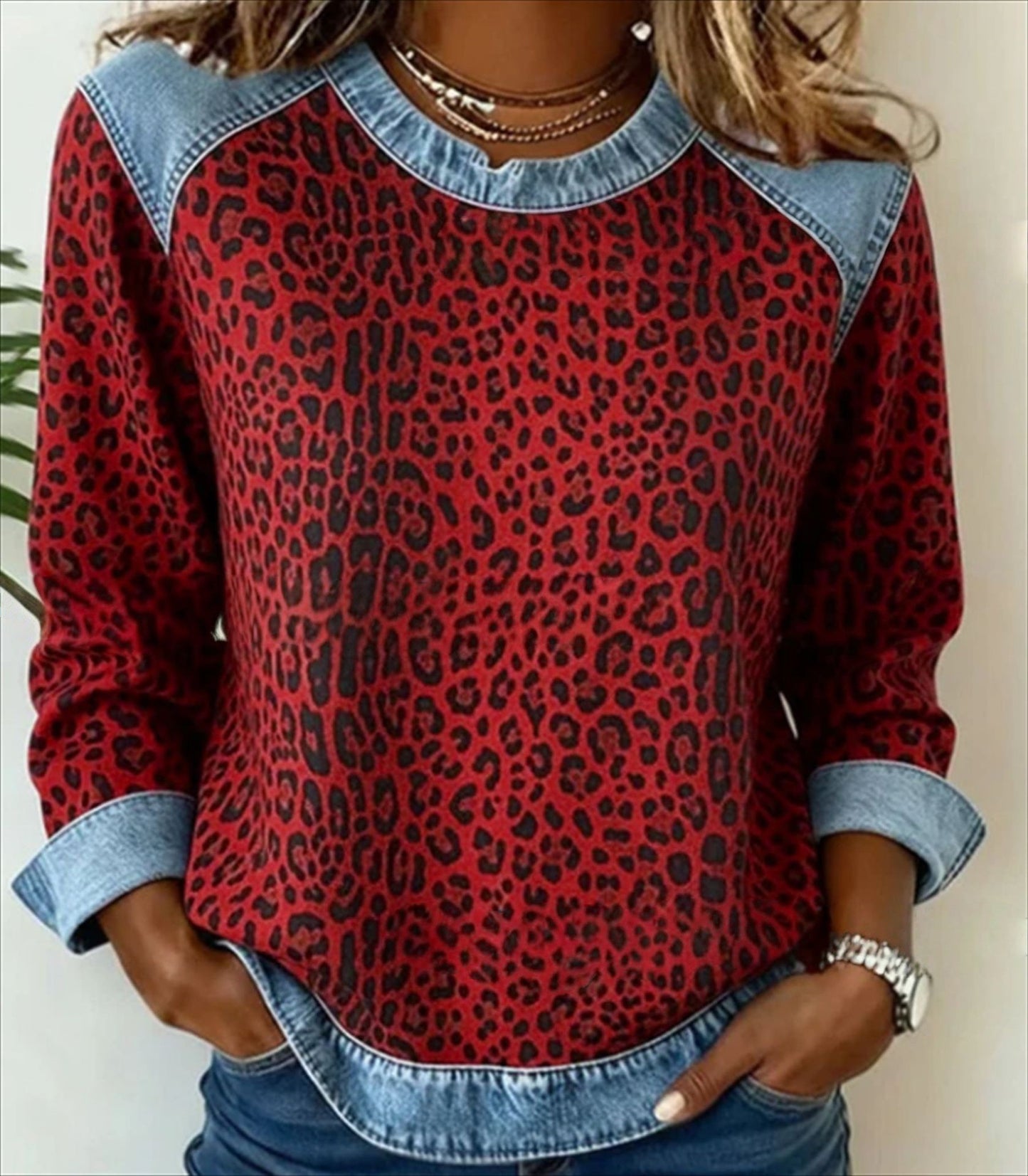 Sudadera de retazos de mezclilla para mujer - Sudadera floral con cuello redondo
