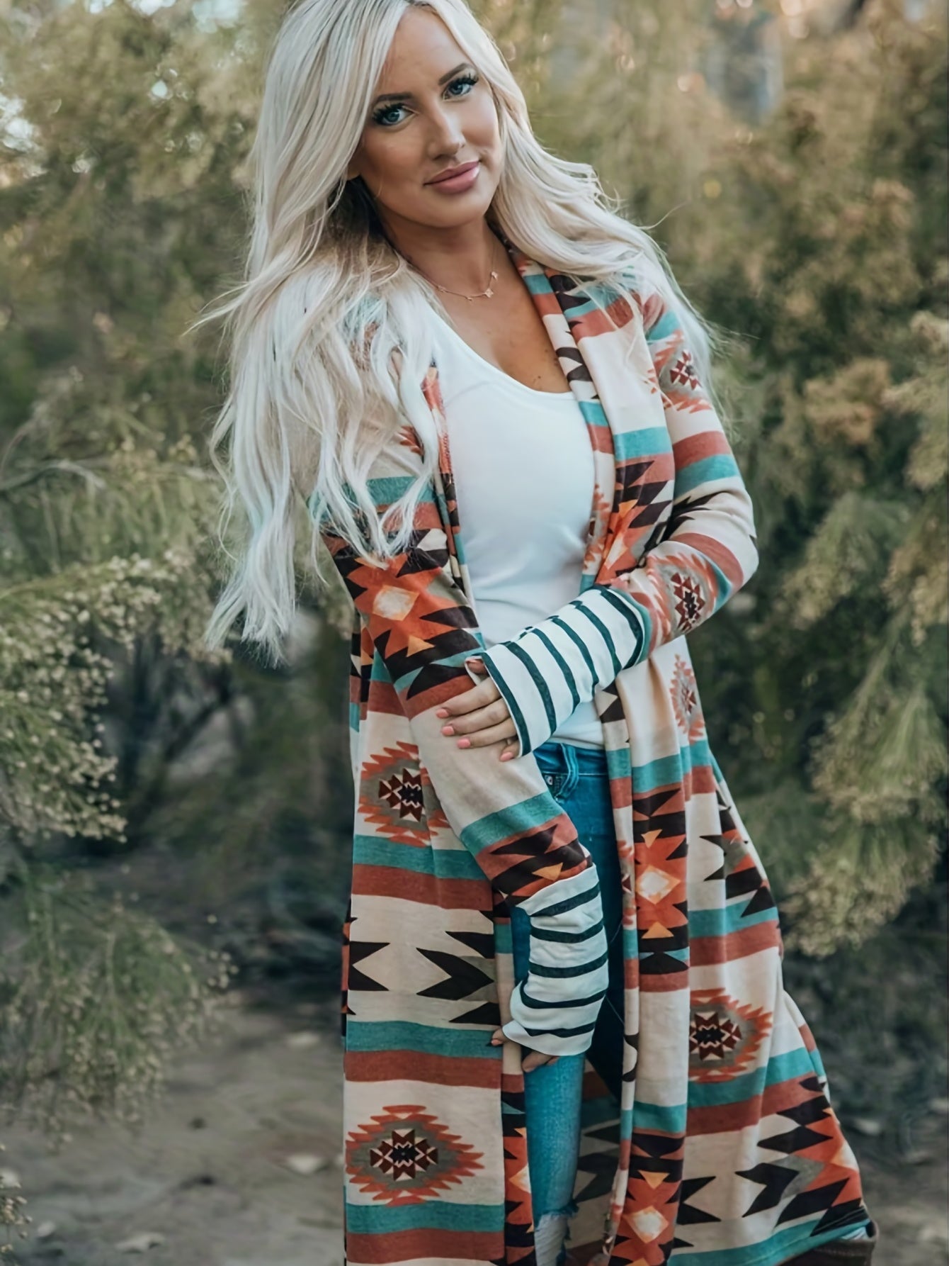 Southwestern Aztec Print Cardigan – Women’s Turquoise & Red Knit Jacket