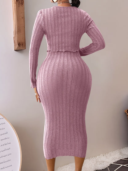 Women’s Two-Piece Bow-Tie Dress Set – Textured Dress & Short Jacket