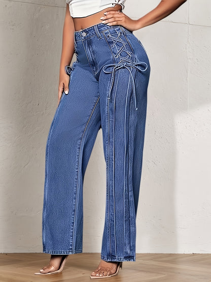 Jean large à nœud latéral – Denim taille mi-haute coupe décontractée