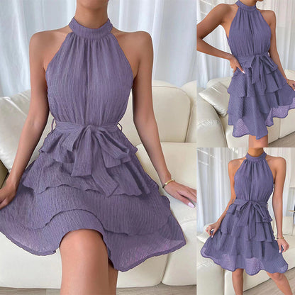 Elegante minivestido halter con volantes - Vestido de fiesta de verano sin mangas