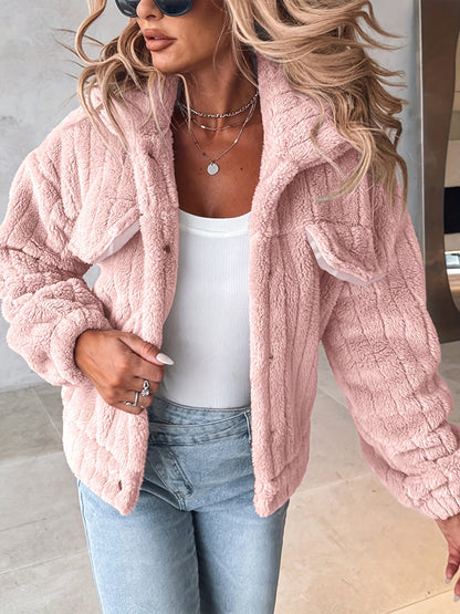 Women’s Soft Pink Plush Jacket – Button-Up Lapel Winter Cozy Outerwear