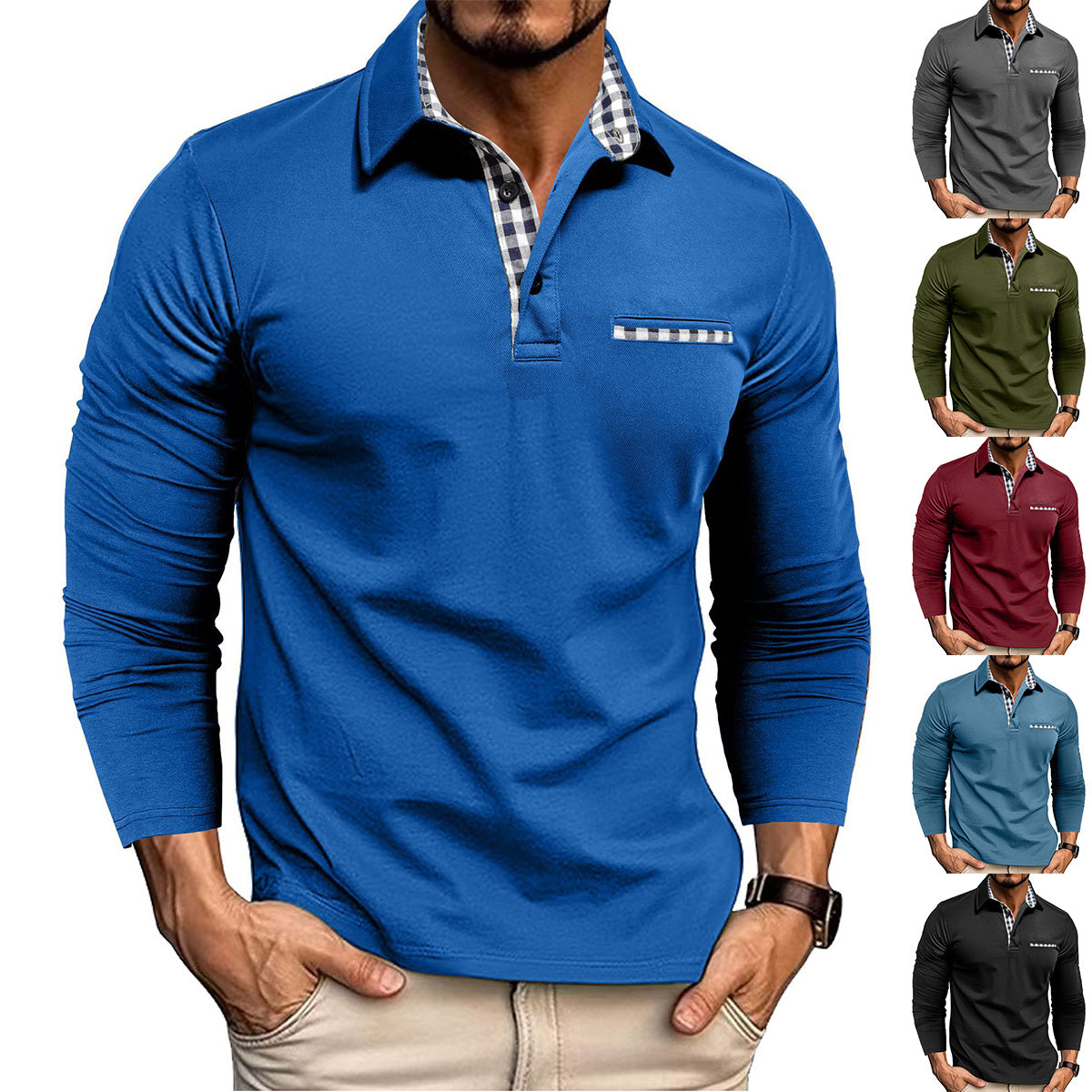 Loom & Soul™ Men’s Plaid Splicing Polo Shirt – Long Sleeve Casual Solid Color Top