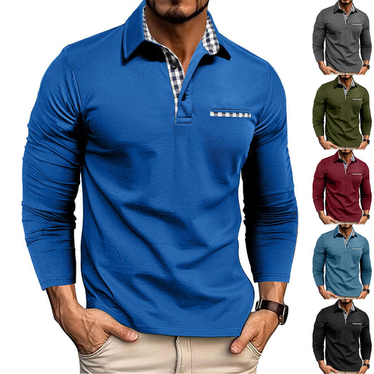 Loom & Soul™ Men’s Plaid Splicing Polo Shirt – Long Sleeve Casual Solid Color Top