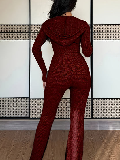 Hooded Zip-Up Set – Women’s Ribbed Flare Pants & Jacket Two-Piece