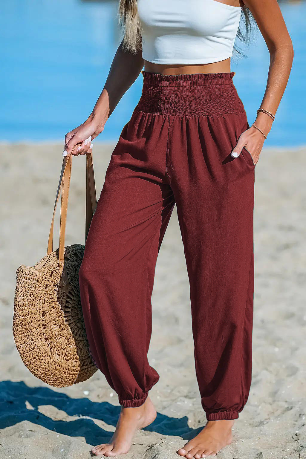Women’s Ankle-Tie Pants – High Waist Beach Casual Fit
