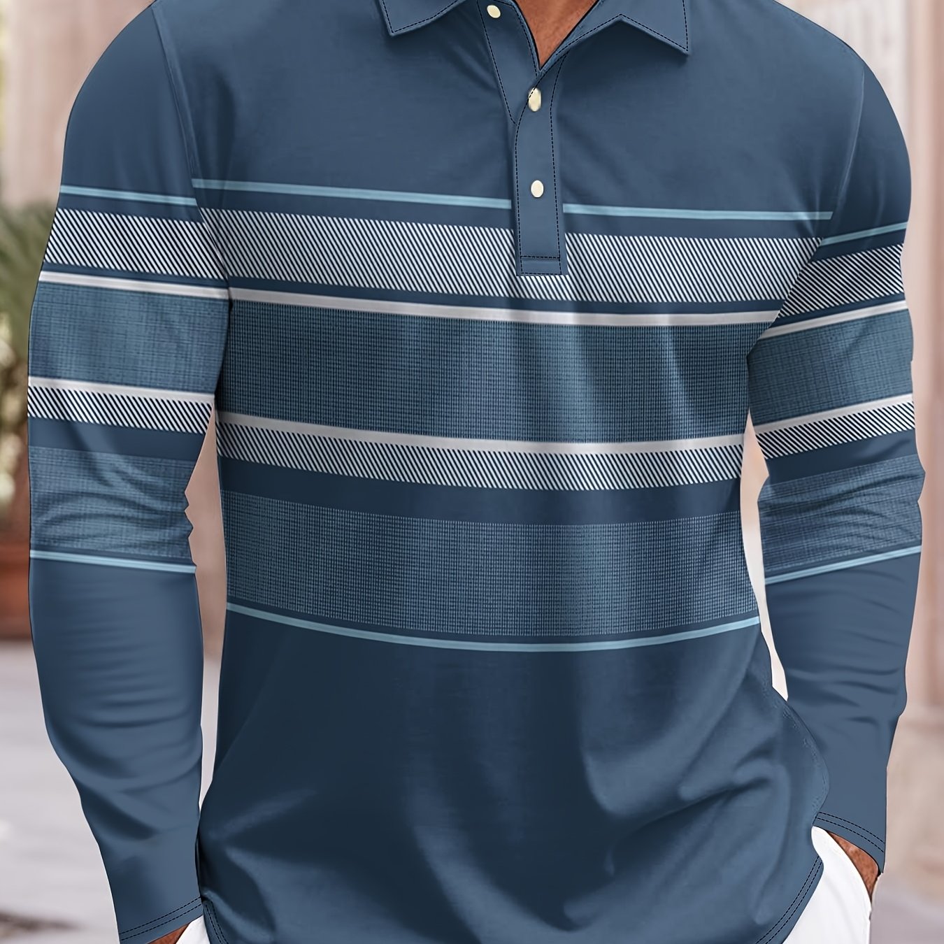 Polo rayé bleu et blanc pour homme – Polo décontracté à manches longues style preppy