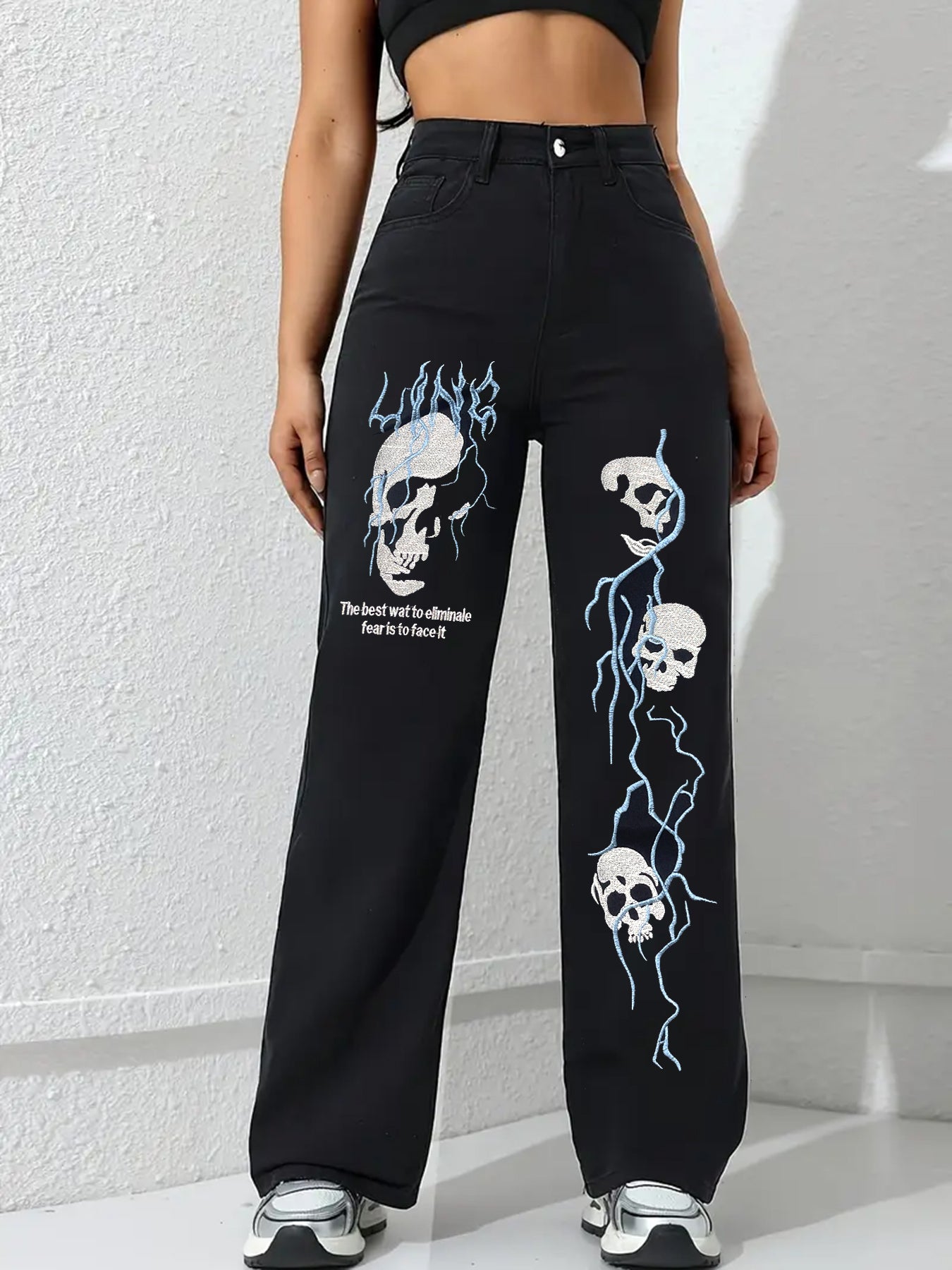 Jean brodé pour femme, style urbain – Coupe droite ample en denim