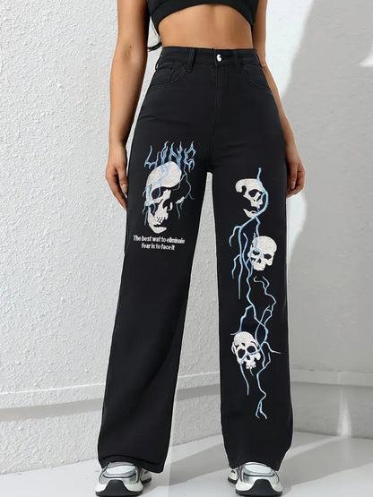 Jean brodé pour femme, style urbain – Coupe droite ample en denim