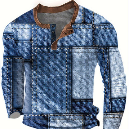 Men’s Geometric Henry Shirt – Long Sleeve Casual Crew Neck Top
