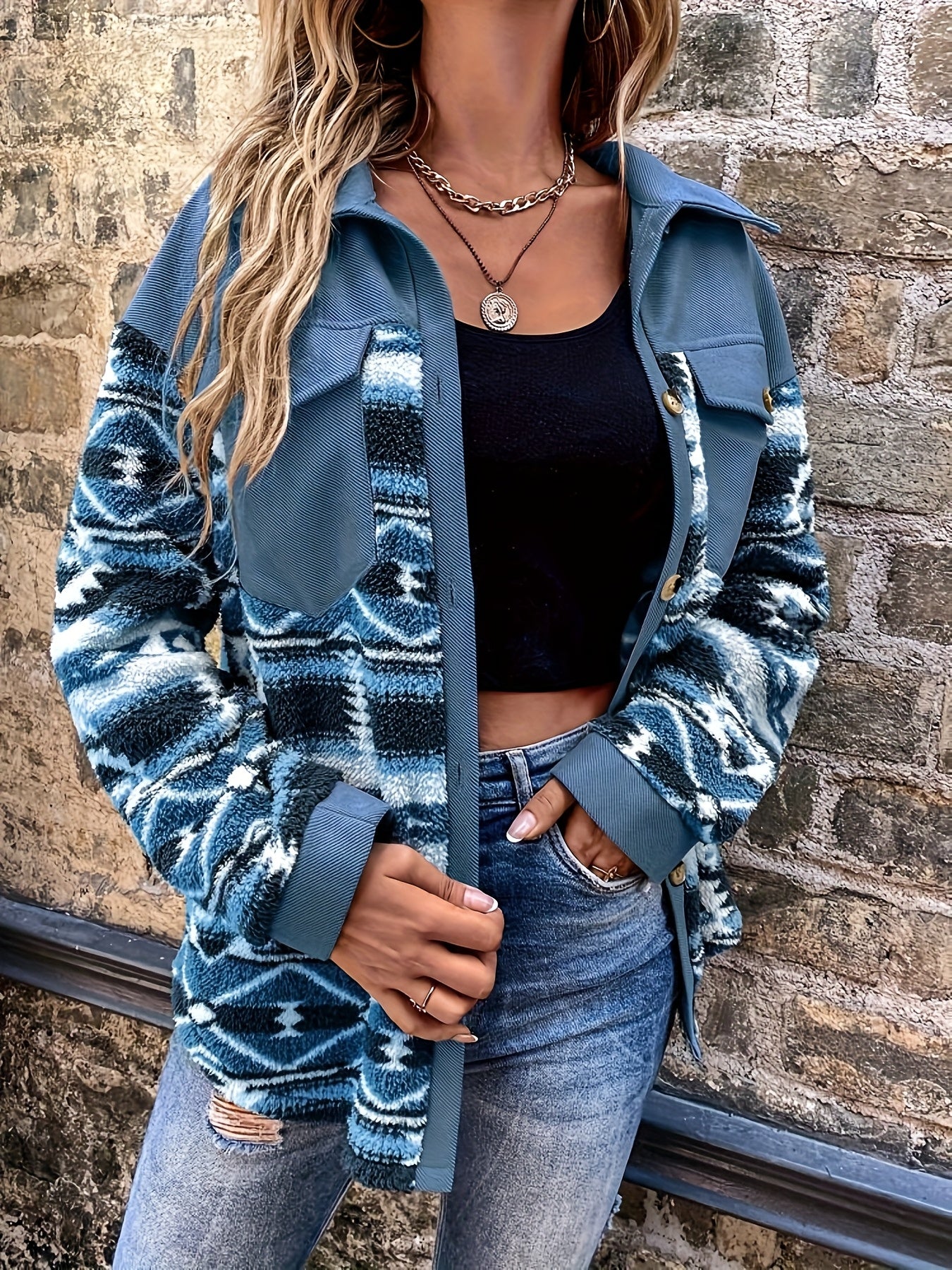 Women’s Geometric Fleece Jacket – Warm Color Block Winter Coat