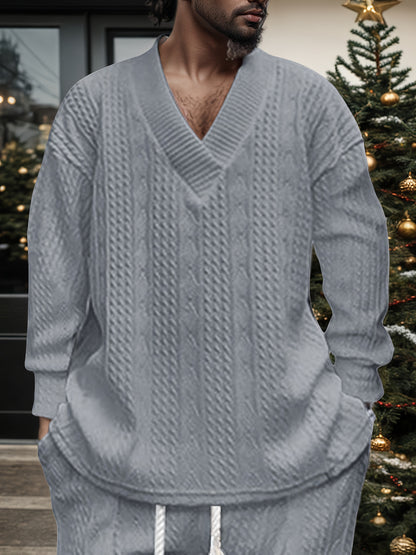 Pull décontracté pour homme en maille col V jacquard côtelé
