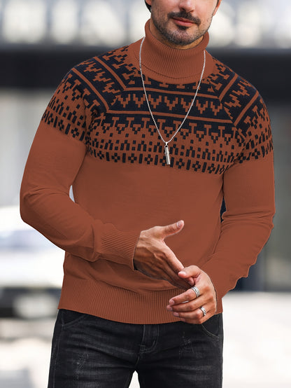 Suéter de cuello alto geométrico para hombre - Suéter informal de punto para otoño e invierno