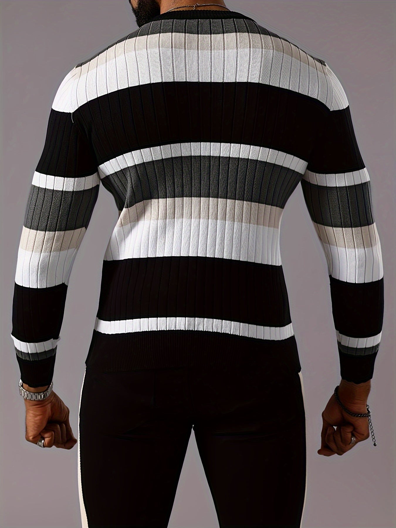 Men’s Striped Ribbed Knit Sweater – Color-Block Fall Winter Pullover