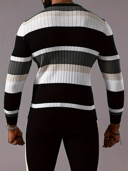Men’s Striped Ribbed Knit Sweater – Color-Block Fall Winter Pullover