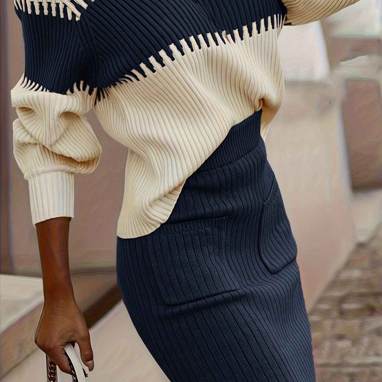 High Neck Color-Block Sweater & Skirt Set – Elegant Winter Two-Piece