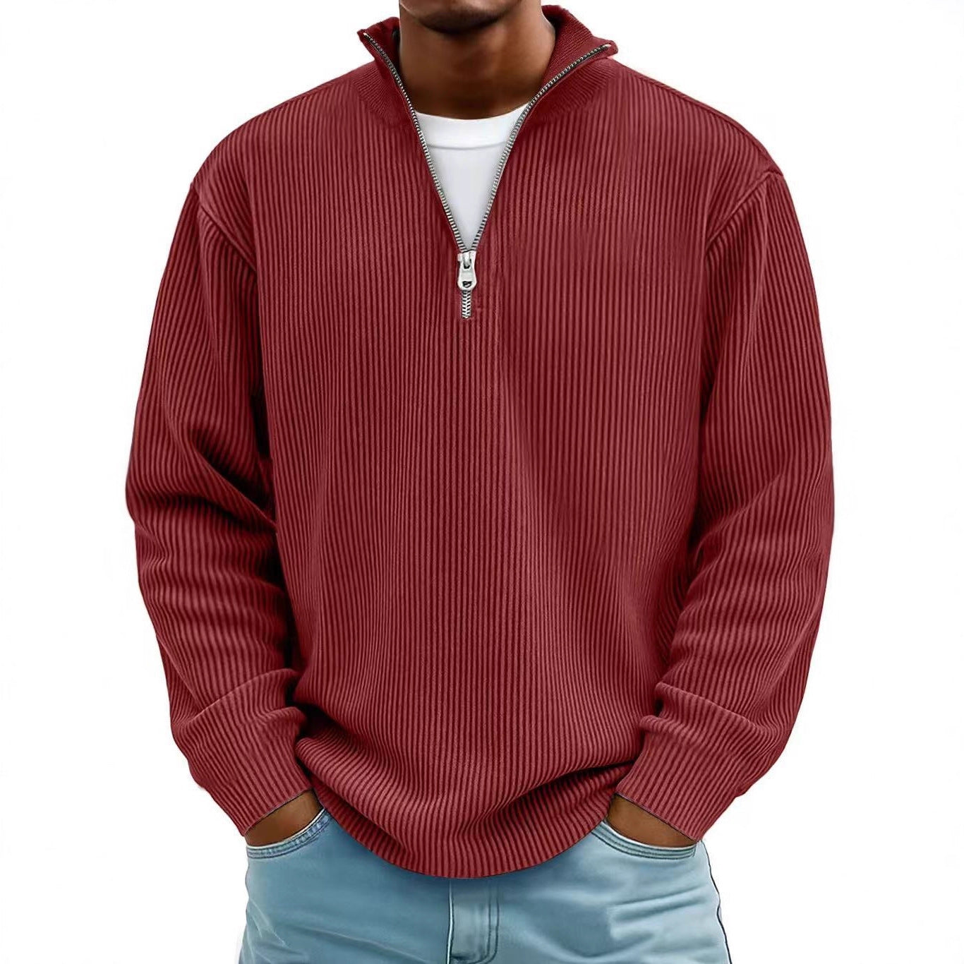 Men’s Corduroy Zip Stand Collar Sweatshirt – Casual Long Sleeve Top