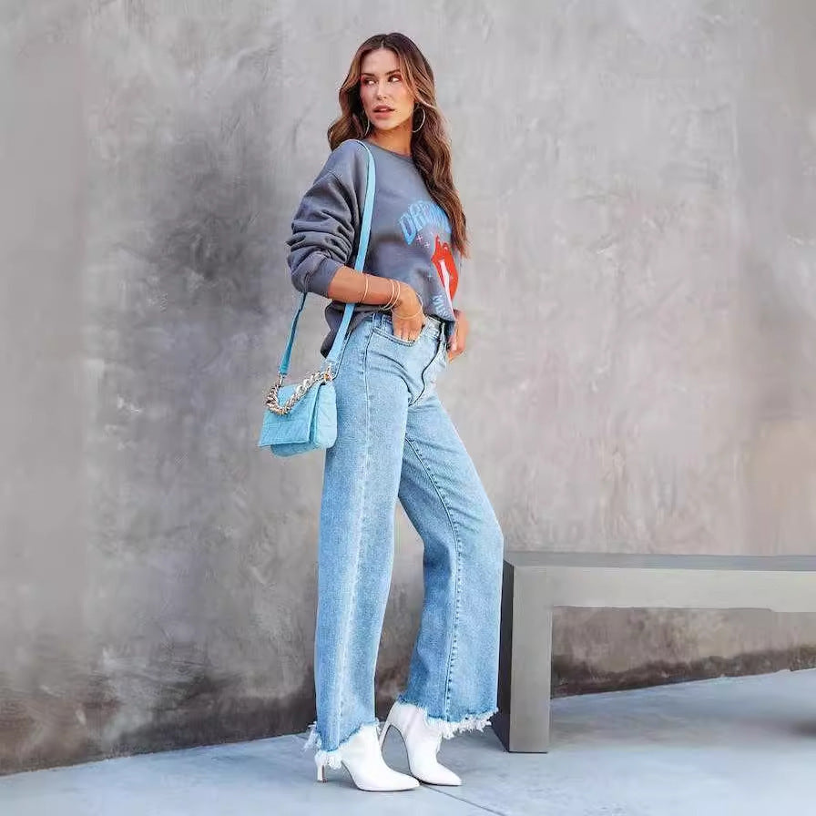 Loom & Soul Women’s Fashion Casual Tassel Trousers – European & American Style Denim Pants with Fringe Detail