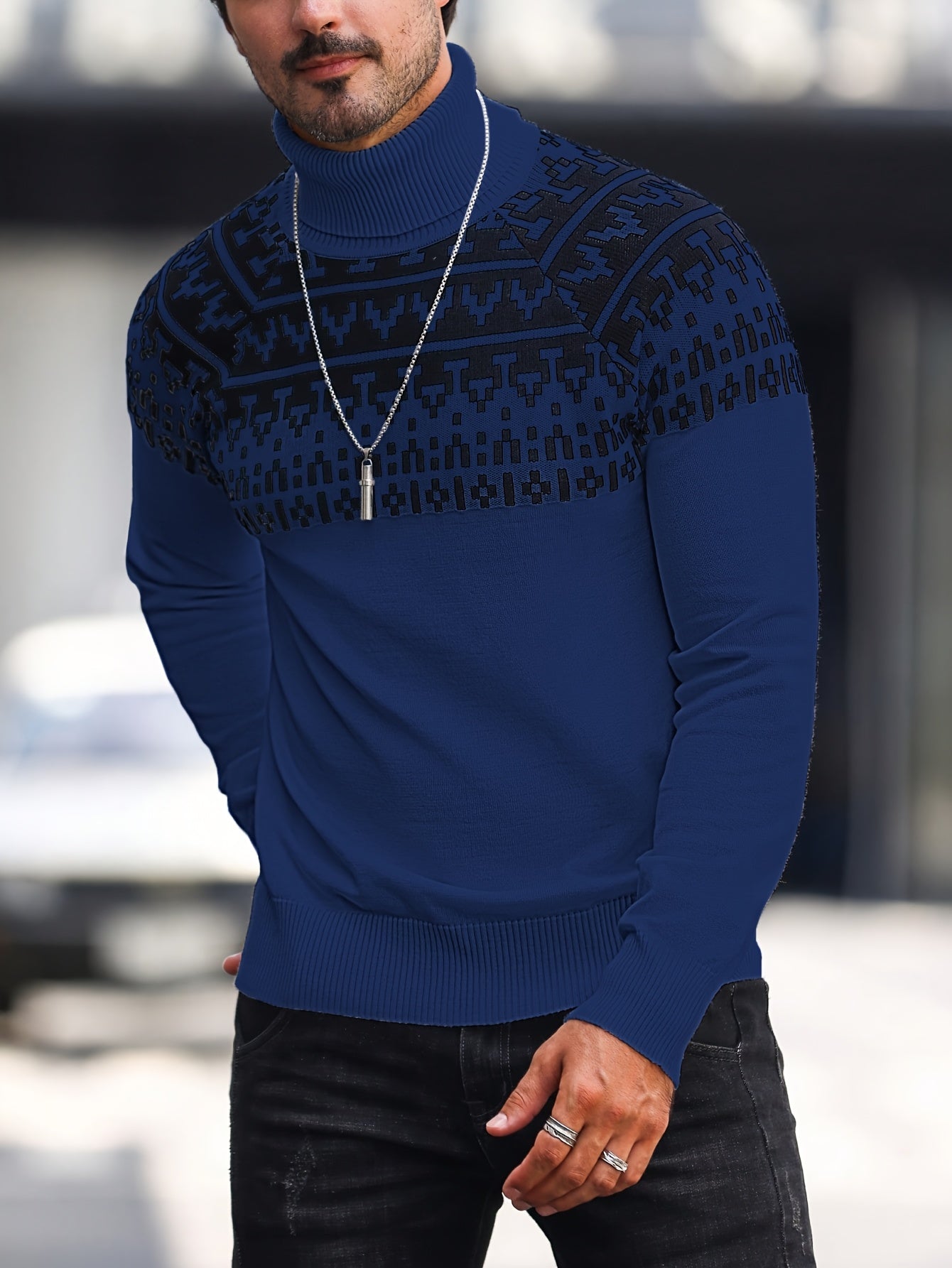 Suéter de cuello alto geométrico para hombre - Suéter informal de punto para otoño e invierno