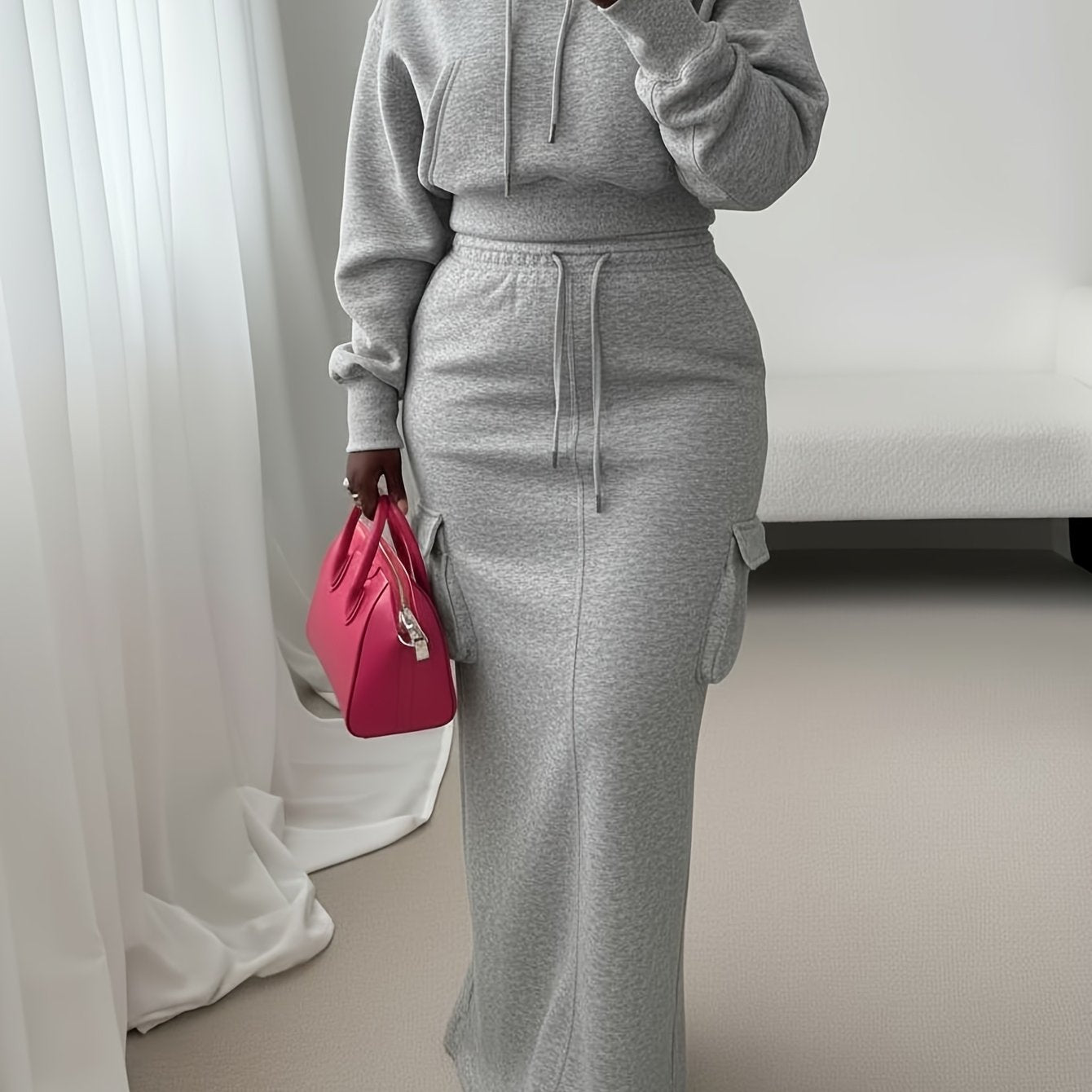 Conjunto de vestido con capucha de 2 piezas – Estilo urbano utilitario largo
