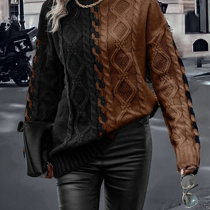 Elegant High-Neck Striped Blouse – Color-Block Knit Long Sleeve Top