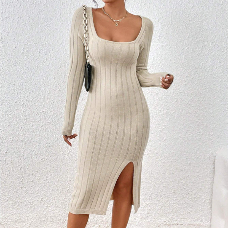 Robe midi en maille à encolure carrée – Robe élégante géométrique à manches longues