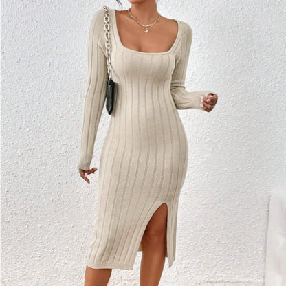 Robe midi en maille à encolure carrée – Robe élégante géométrique à manches longues