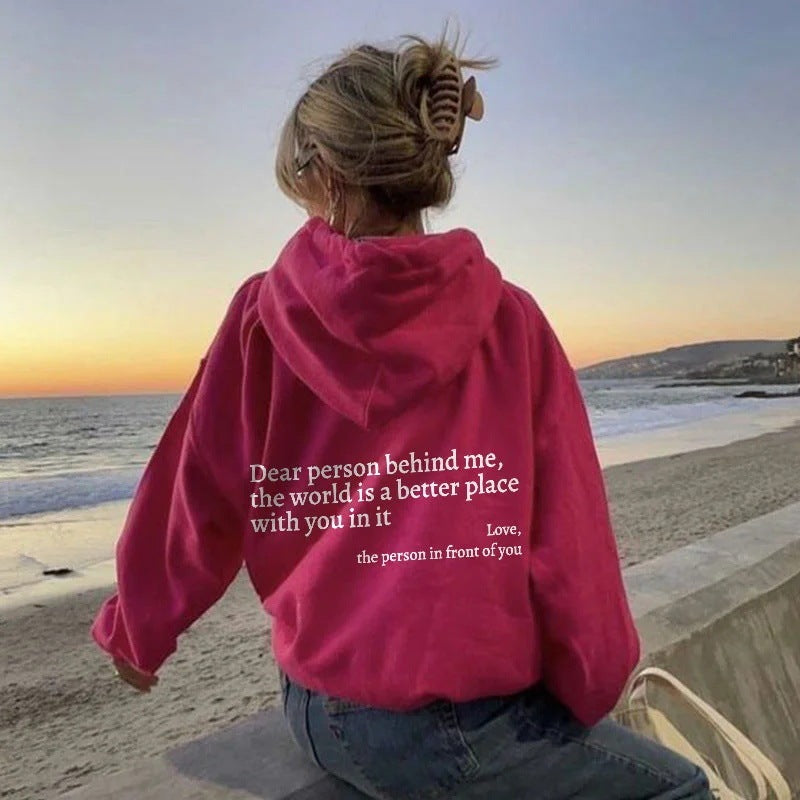 Loom & Soul “Dear Person Behind Me” Hoodie – Women’s Plush Printed Pullover with Kangaroo Pocket & Drawstring Hood (Unisex, Multiple Colors)