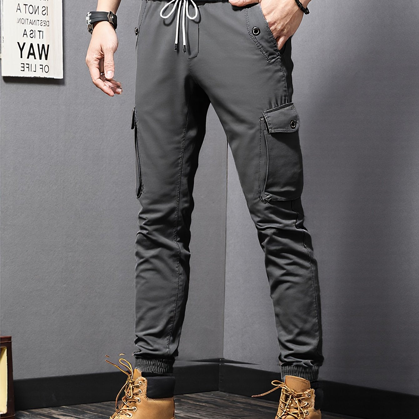 Men’s Olive Cargo Pants – Multi-Pocket Drawstring Utility Trousers