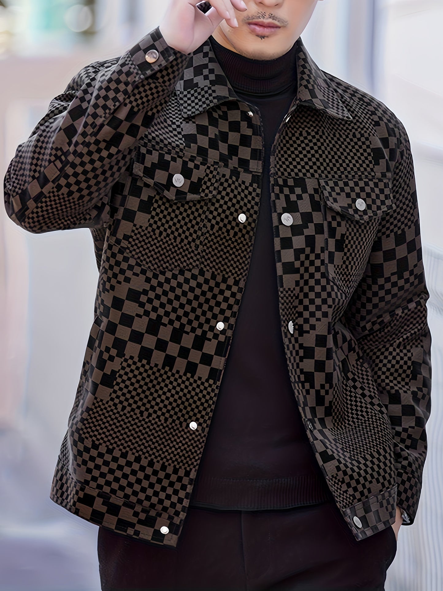 Men’s Checkered PU Coat – Black & Brown Houndstooth Street Jacket