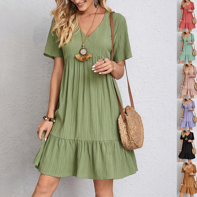 Loom & Soul™ V-Neck Ruffle Dress – Women’s Casual Short Sleeve Summer Beach Dress
