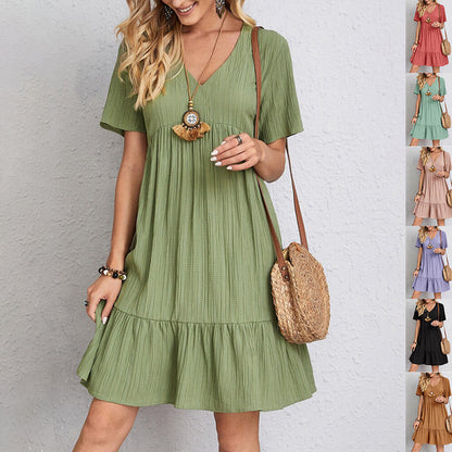 Loom & Soul™ V-Neck Ruffle Dress – Women’s Casual Short Sleeve Summer Beach Dress