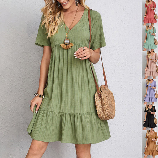 Loom & Soul™ V-Neck Ruffle Dress – Women’s Casual Short Sleeve Summer Beach Dress
