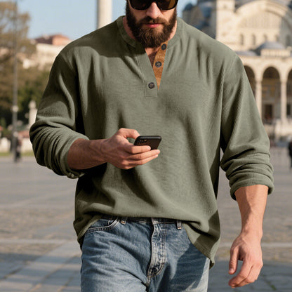 Chemise Henley côtelée rétro pour homme – Coupe ample à manches longues