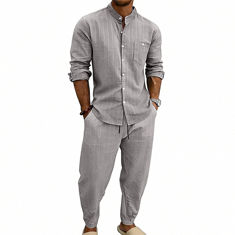 Men’s Striped Henley Set – Linen Jogger Streetwear Outfit