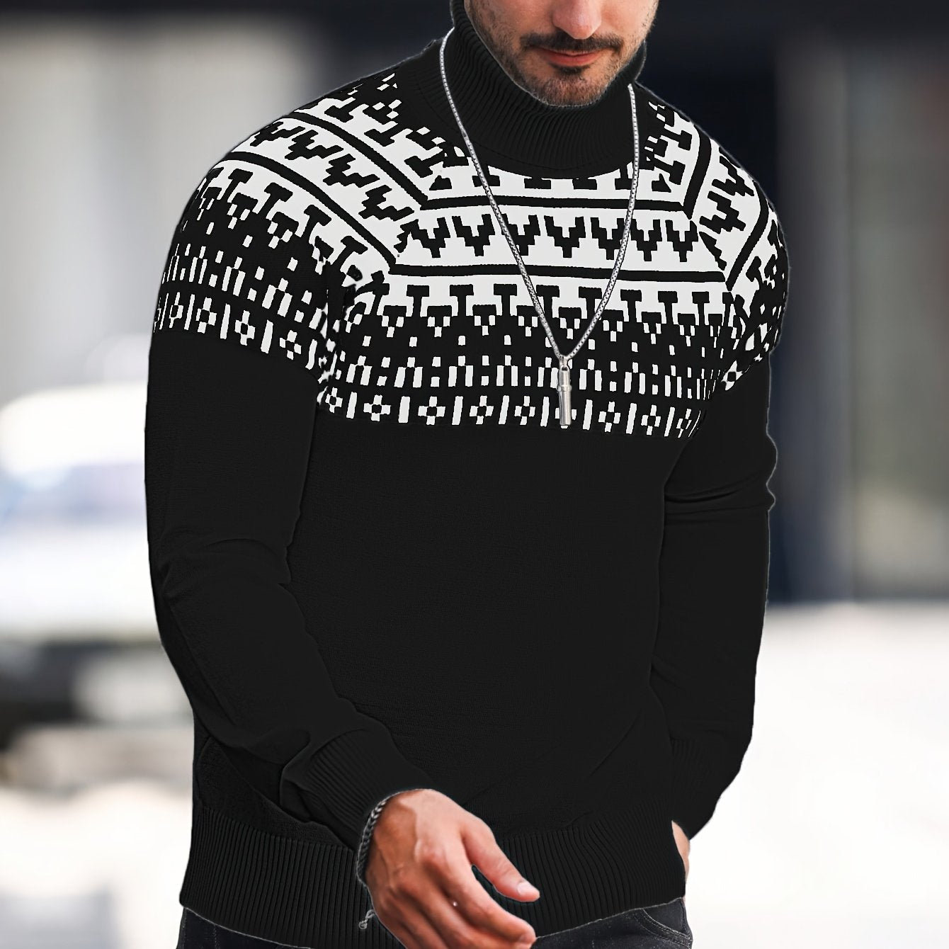 Suéter de cuello alto geométrico para hombre - Suéter informal de punto para otoño e invierno