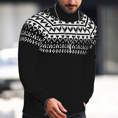 Suéter de cuello alto geométrico para hombre - Suéter informal de punto para otoño e invierno